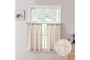 Tollpiz Short Linen Tier Curtains Rod Pocket Semi Sheer Half Kitchen Curtain Burlap Light Filtering Thick Linen Drapes for Bathroom, 30 x 24 inches Long, Natural, Set of 2 Panels