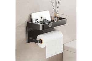 Modimaster Toilet Paper Holder with Storage Shelf, Wall Mount or Adhesive, Black Aluminium