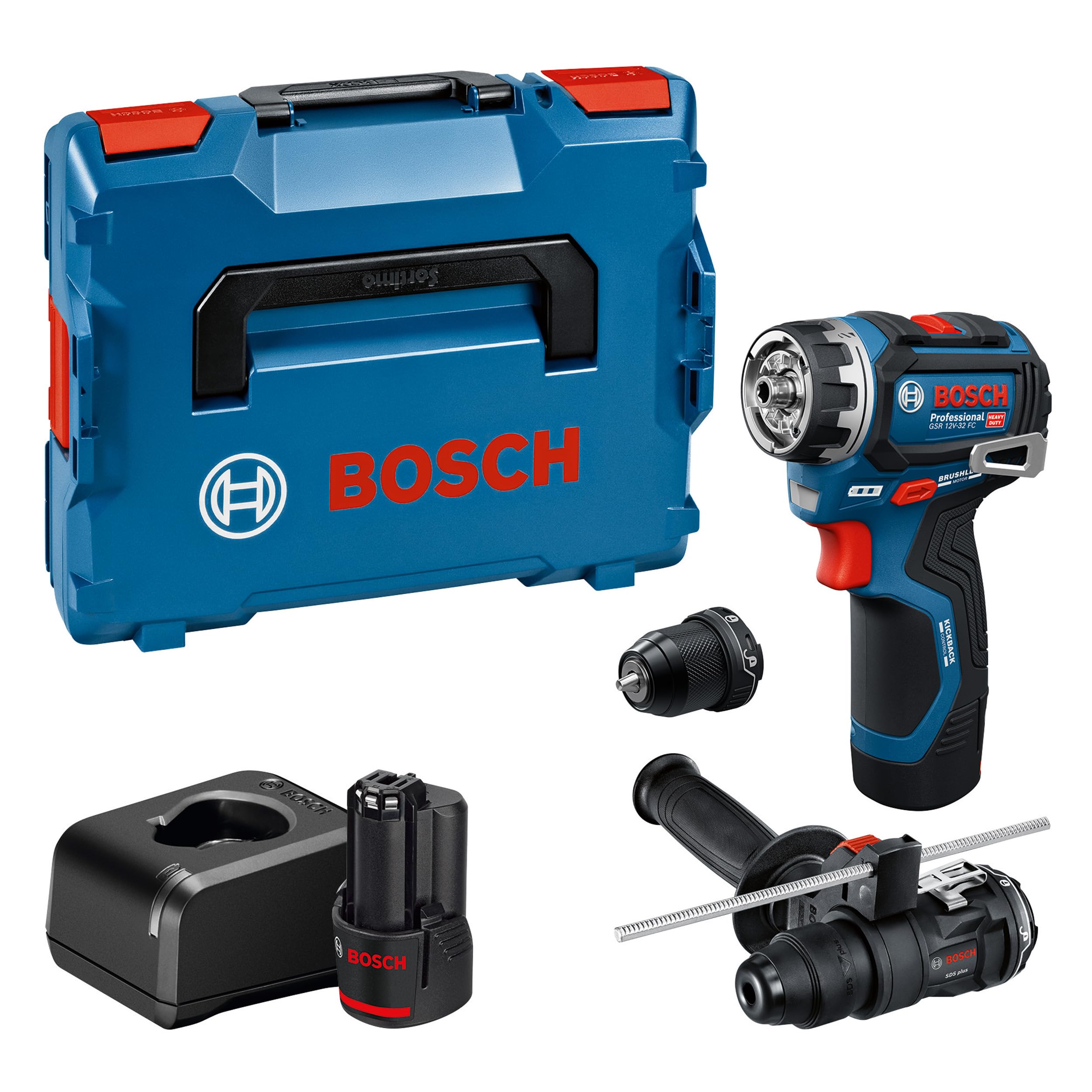 Bosch PRO 12V System Akku-Bohrschrauber GSR12V-32FC (inkl. 2,0 Ah, GAL 12V-20, GFA 12-M, GFA 12-H, Zusatzhandgriff, Tiefenmesser, L-BOXX)