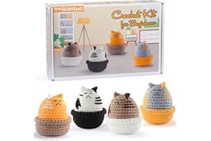 YWQZBHEMO 4 Colors Cats Crochet Kit for Kids/Adult, DIY This All in One Crochet Set for Beginners/Experts, Includes Enough Yarn, Hook, Step-by-Step Video Tutorials for Starters, Accessories