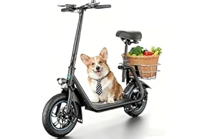AWWSCOOTER C1 Electric Scooter with Seat for Adults, 450W Powerful Motor, 20 Mile Long Range, 16 Mph Foldable Commuter E-Scooter with Basket for Daily Commute, Grocery, or Pet Travel – Classic Black