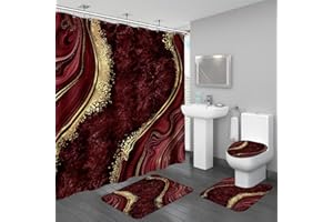 BayNook 4PCS Burgundy Red Marble Bathroom Sets with Shower Curtain and Rugs, Abstract Gold Shower Curtain Sets with Rugs, Bathroom Curtains Shower Set with Toilet Lid Cover Accessories