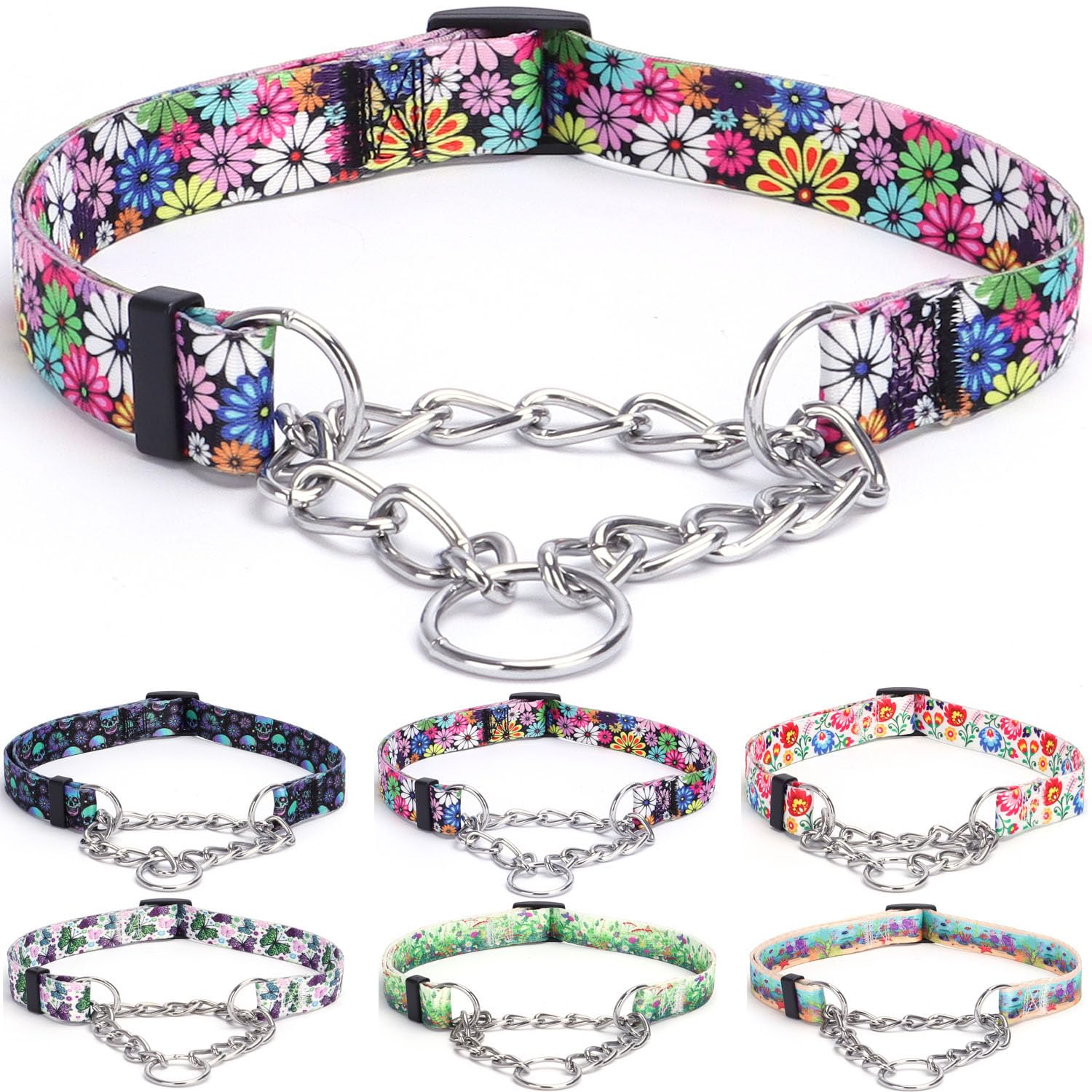 haoyueer Martingale Dog Collar - Stainless Steel Chain, No Pull Training Collar with Flower Design for Large Medium Small Dogs (XL, Fireworks)