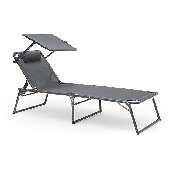 Relaxdays Sonnenliege mit Dach HBT: 37 x 70 x 200 cm Gartenliege mit arretierbarem Sonnenschutz mit Aluminium Gestell und Pol