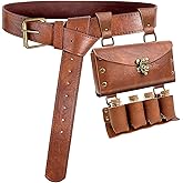 Medieval Alchemy Faux Leather Belt Pouch with 4 Cork Potion Vials, Fantasy Wizard Waist Pouch Side Pack for Halloween (Brown-4 Bottles)