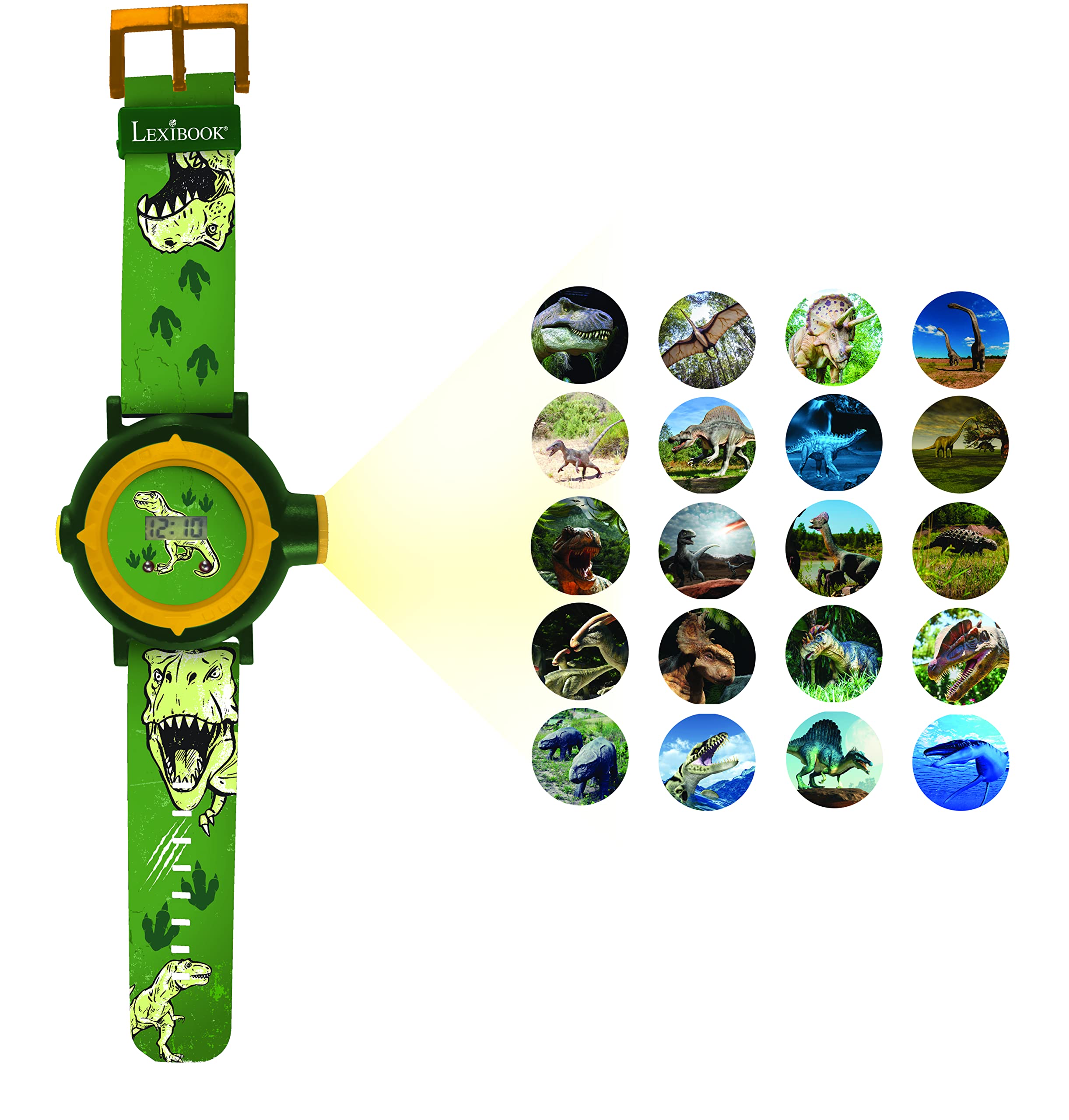 LEXIBOOK - Dinosaur Adjustable Projection Watch Digital Screen – 20 Images of Dinosaur – for Children - Green and Yellow - DMW050DINO