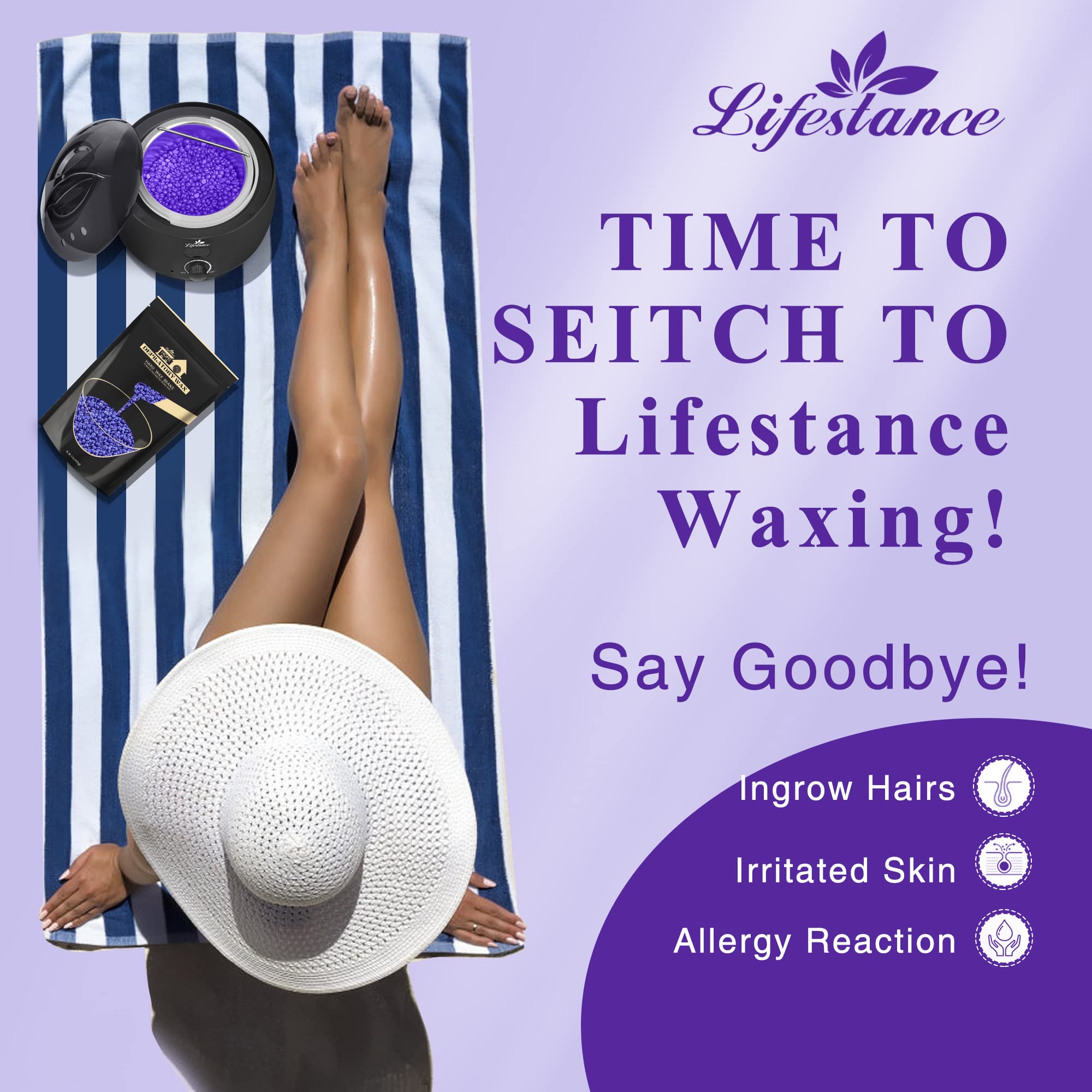 Lifestance Hard Wax Beans Hair Removal Kit, 1lb Large Refill Stripless Waxing Beans for Women Men Waxing Depilatory Lavender Pearl Wax Beads