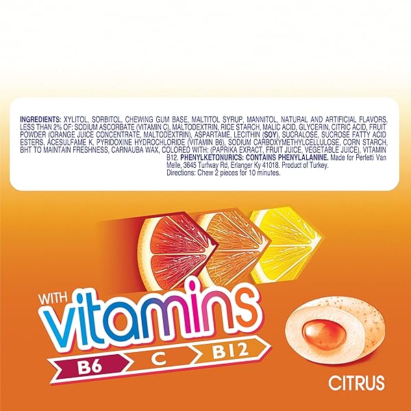 MENTOS VITAMINS GUM, SUGAR FREE GUM WITH VITAMINS AND XYLITOL SWEETENER, CITRUS, 45 COUNT BOTTLE, 6 BOTTLES