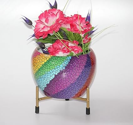 Elegant Crafts India Indoor Plant Pot or Table Planter with Rust Free Metal Stand for Indoor and Outdoor Gardening Plants Pack of 1 Width X Height 06X06 Inches (Multicolour Pattern Design)