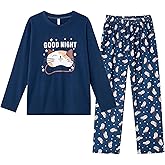Hupohoi Girls Cotton Blend Pajama Sets Long Sleeve Long Pants Cartoon Sleepwear with Pockets Teen Girls 6 to 18 Years