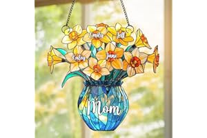 Personalized Grandma Stained Glass Windows Hanging Custom Grandkids Name Flower Vase Suncatcher Ornament Mothers Day Suncatch