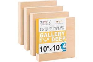 U.S. Art Supply 10" x 10" Unfinished Cradled Wood Panels for Painting, Gallery 1-1/2" Deep (4 Pack) - Artist Depth Birch Wooden Wall Canvases - Mixed-Media Craft, Acrylic, Oil, Paint Pouring