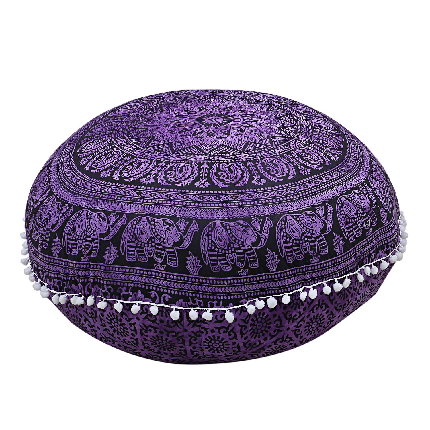 Radhykrishnafashions Indian 32" Large Hippie Mandala Floor Pillow Cover Cushion Cover Round Bohemian Yoga Decor Floor Cushion Case (Purple Elephant)