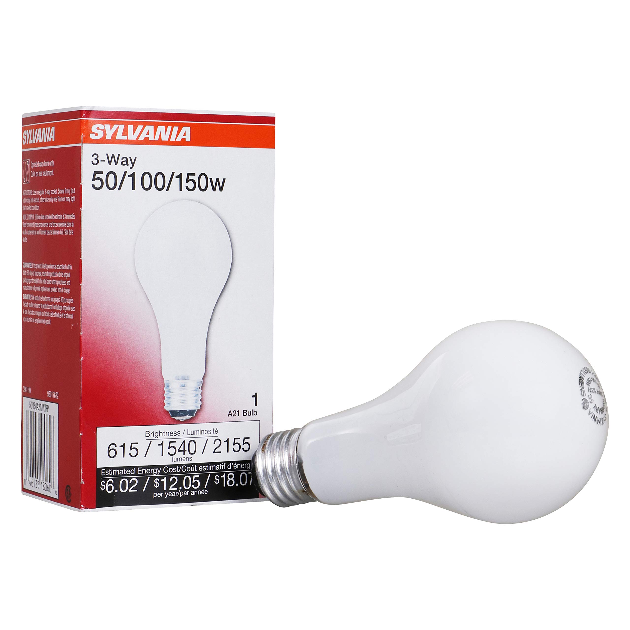 Sylvania 18060 - 50/150A21/W/RP - 3-Way Soft White Incandescent Light Bulb, 50/100/150 Watt