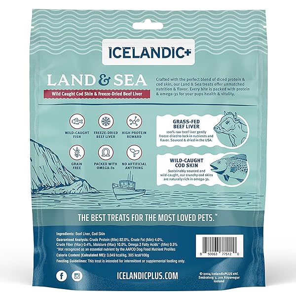 ICELANDIC+ LAND & SEA WILD CAUGHT COD SKIN & FREEZE-DRIED BEEF LIVER – 6.75OZ BAG, DOG TREAT & FOOD TOPPER, 2 INGREDIENTS, NO PRESERVATIVES, NATURAL