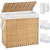 SETVSON Laundry Hamper with Lid Laundry Basket 132 L (35 Gal) Wicker Clothes Hamper, Handwoven Rattan Hamper with Handles and 4 Removable Liner Bags, 6 Mesh Bags for Laundry Bedroom Natural