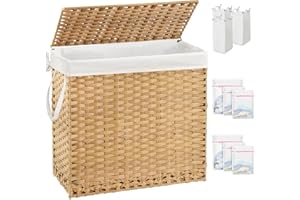 SETVSON Laundry Hamper with Lid Laundry Basket 132 L (35 Gal) Wicker Clothes Hamper, Handwoven Rattan Hamper with Handles and 4 Removable Liner Bags, 6 Mesh Bags for Laundry Bedroom Natural