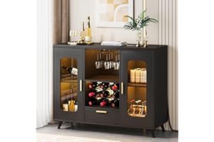Condemo Wine Bar Cabinet with LED Light, Modern Coffee Bar Cabinet with Power Outlet, Liquor Cabinet with Wine Rack Glasses Holder, Sideboard Buffet Cabinet for Dining Room Living Room Kitchen, Black