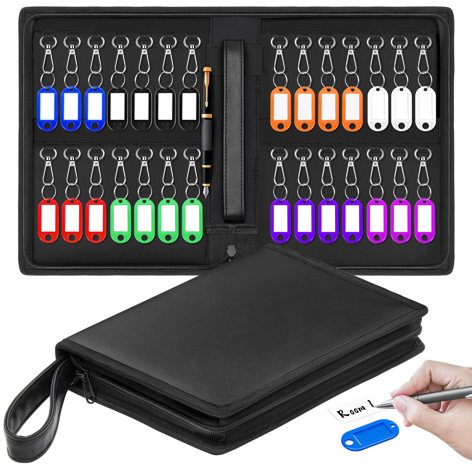 ENONEO Leather Key Storage Box Portable Key Organizer 28 Position Car Key Storage Bag Zippered Key Case Bag Wall Mount Key Cabinet Key Safe with 28 Key Tag Labels, for Real Estate Hotels Landlords
