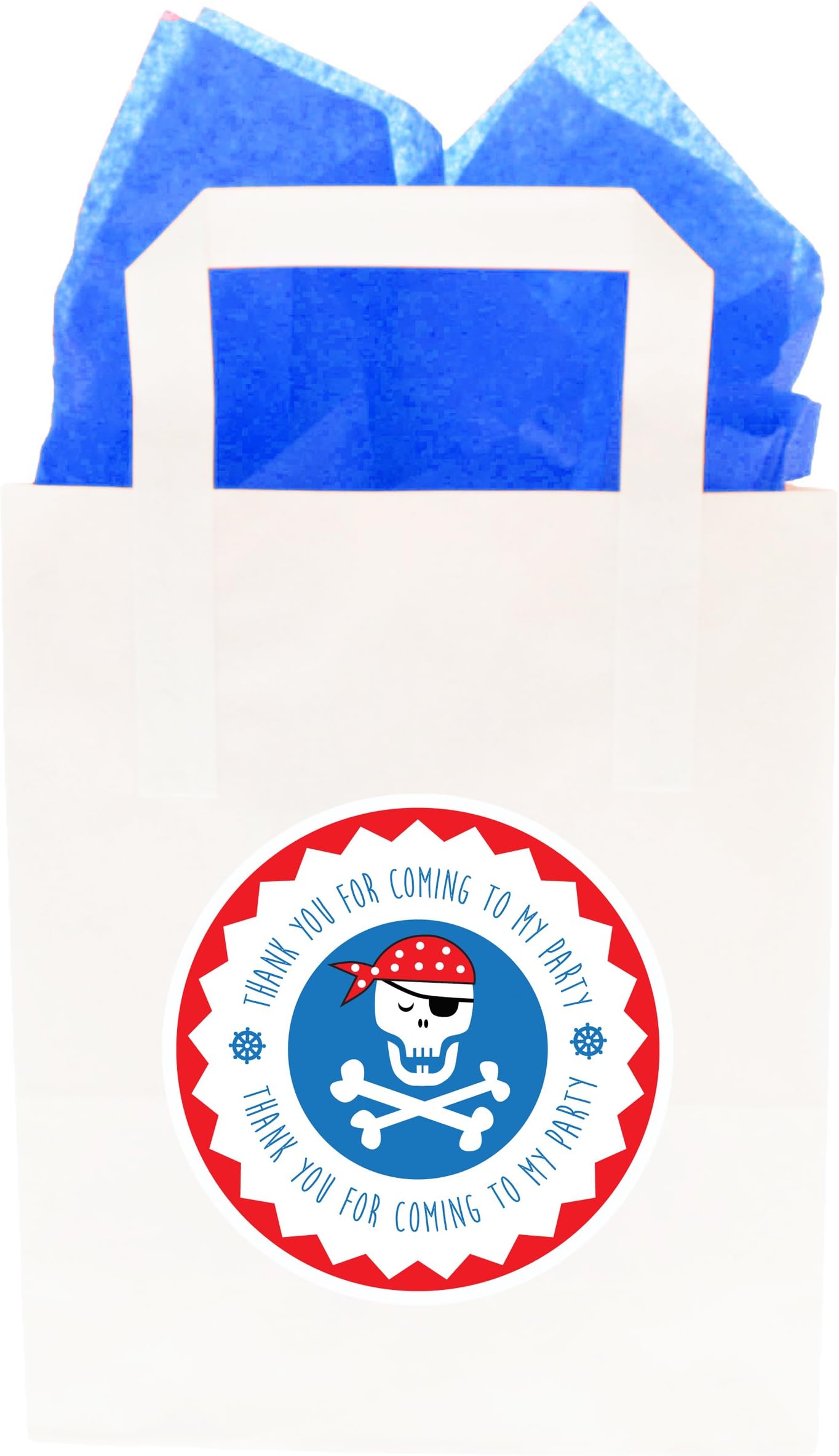 The Curious Caterpillar Paper Party Bags with Thank You For Coming To My Party Design with Tissue Paper (10x Pirate Stickers and Blue Tissue Paper)