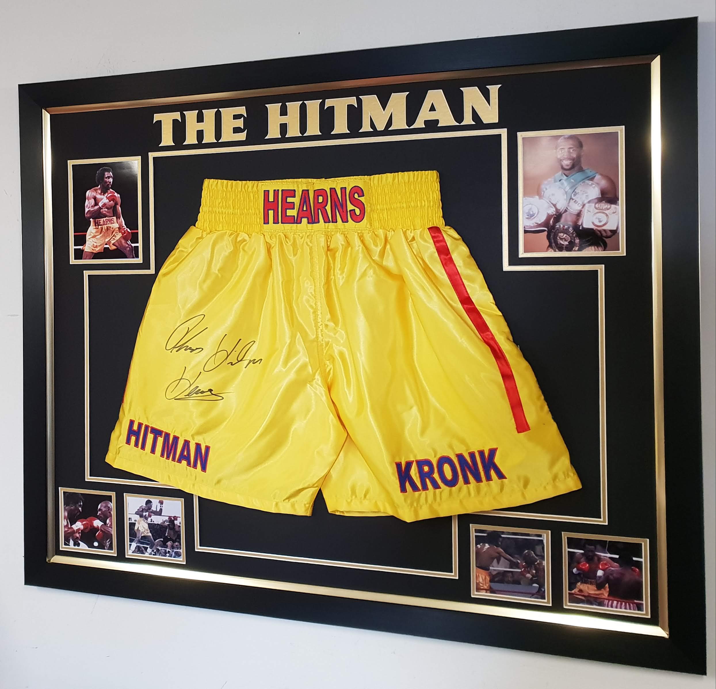 WWW.SIGNEDMEMORABILIASHOP.CO.UK Thomas THE HITMAN Hearns Signed Boxing Shorts KRONK DISPLAY