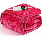 greenoak Heated Electric Blanket Throw, Faux Fur Sherpa Heating Blanket for Sofa Bed, Warm Winter Gifts for Mom/Grandma, Heater Lap Blankets 5-Position Timer &10 Heating Levels 50''*60" Red