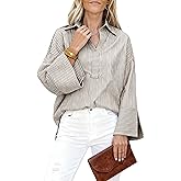 Watashi Women Button Down Shirt Casual Striped Print Dressy Henley Shirts Loose Long Sleeve Collared Office Work Blouse Tops