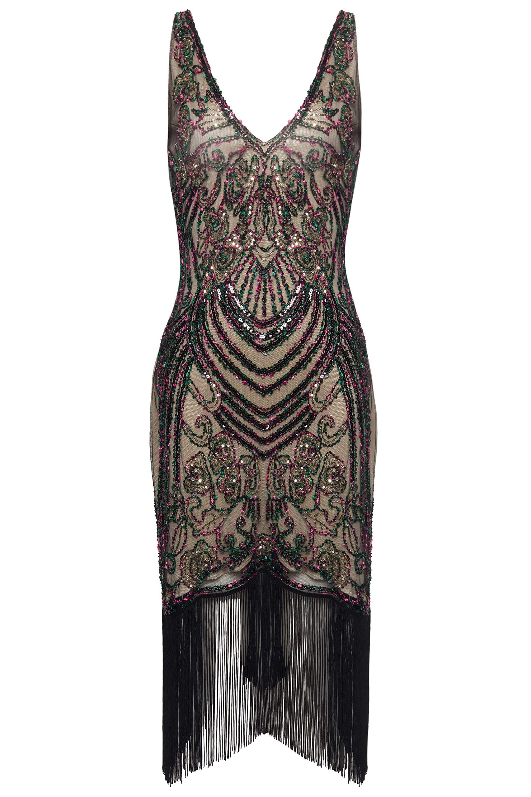 BABEYOND Flapper Dresses 1920s V Neck Beaded Fringed Great Gatsby Dress