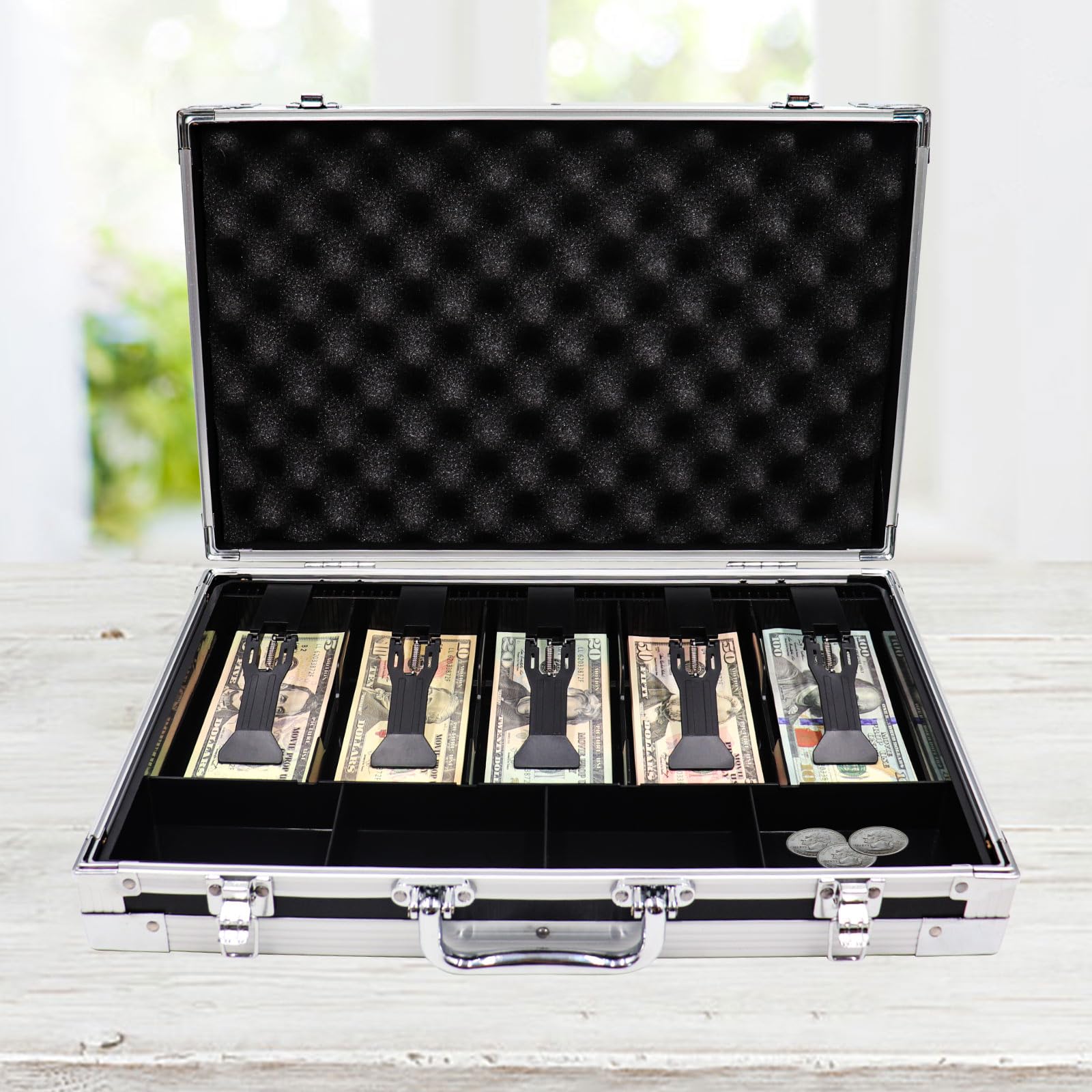 Photo 1 of Large Cash Box with Money Tray, Lockable Money Box for Cash, Large Cash Organizer with 5 Compartment Spring-loaded Cash Trays and 4 Coin Trays