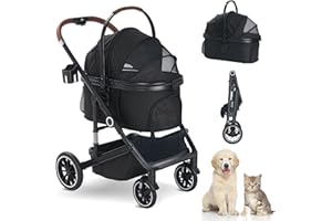 TODEFULL Pet Stroller with 4 Wheels, 3 IN 1 Folding Puppy Strollers for Small/Medium Dogs Cats up to 50lbs, Lightweight Pet Travel Carrier with Detachable Cushion, Storage Basket and Cup Holder, Black