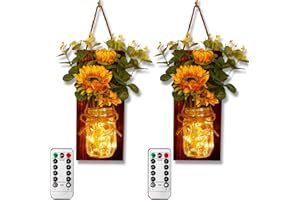 OurWarm Sunflower Wall Sconces Set of Two, Mason Jar Sconces Farmhouse Wall Decor Comes with Remote Control and Warm Toned LED Lights, Rustic Sunflower Decor for Home Kitchen Dining Room Living Room