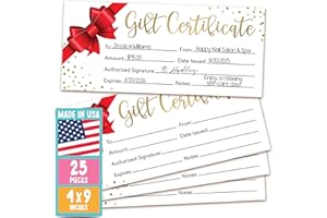Hadley Designs 25 Blank Gift Certificates for Business – 4x9 Christmas Gift Certificates Cards for Small Business, Spa, Massage, Nail & Hair Salon, Restaurant, Holidays Coupon Vouchers Made in USA