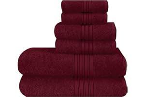 BOUTIQUO 6 Pack Cotton Towel Set, Contains 2 Bath Towels 28x55 inch, 2 Hand Towels 16x24 inch & 2 Wash Coths 12x12 inch, Ideal Everyday use, Ultra Soft Compact & Lightweight - Burgundy