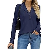 LOMON Sweaters for Women Trendy Long Sleeve V Neck Button Collared Pullover Sweater Knitted Jumper Business Casual Polo Shirts (Navy Blue New,Small)