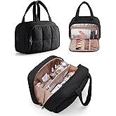 Marscamd Travel Toiletry Bag for Women with Hanging Hook, Water Resistant Puffy Makeup Organizer with Leak Proof Pockets for Toiletries and Cosmetics - Black (Bag Only)