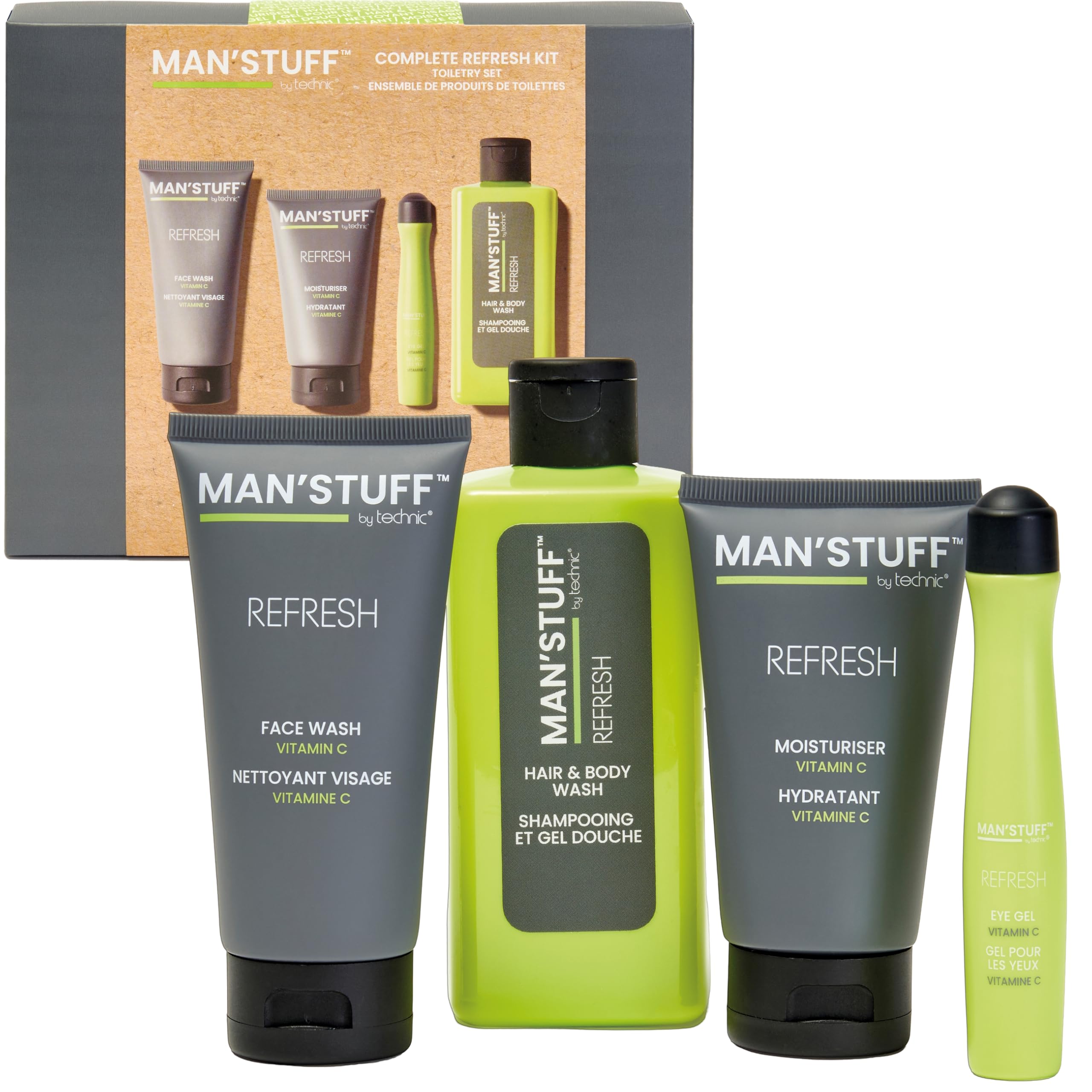 ManStuff Complete Refresh Kit Toiletry Gift Set - Vegan & Cruelty-Free Mens Grooming Kit - Face Wash, Moisturiser, Eye Roller, Hair & Body Wash - Ideal Gift for Him
