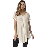 Riviera Sun Loose Fit Mesh Sleeve Lace up Embroidered Tunic Top Blouse Shirt