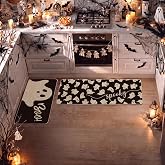Artoid Mode Ghosts Boo Halloween Kitchen Mats Set of 2-17x29+17x47 | Spooky Black Home Decor Low-Profile Kitchen Rugs for Floor