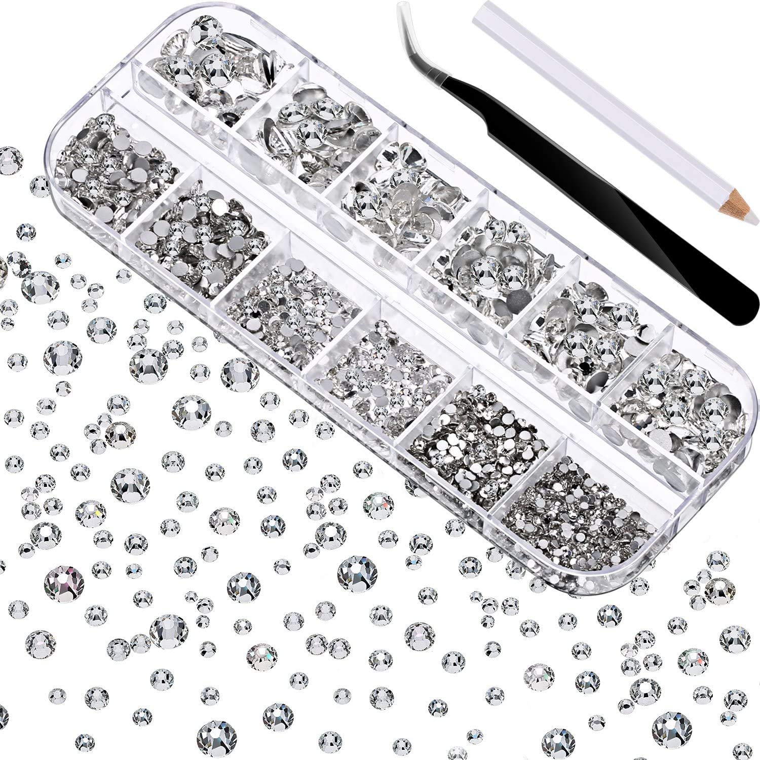 2000pcs Flat Back Gemstones Rhinestones Rhinestones in 6 Sizes (1.5-6mm) for Arts and Crafts with Tweezers and Pen for Nail Salon