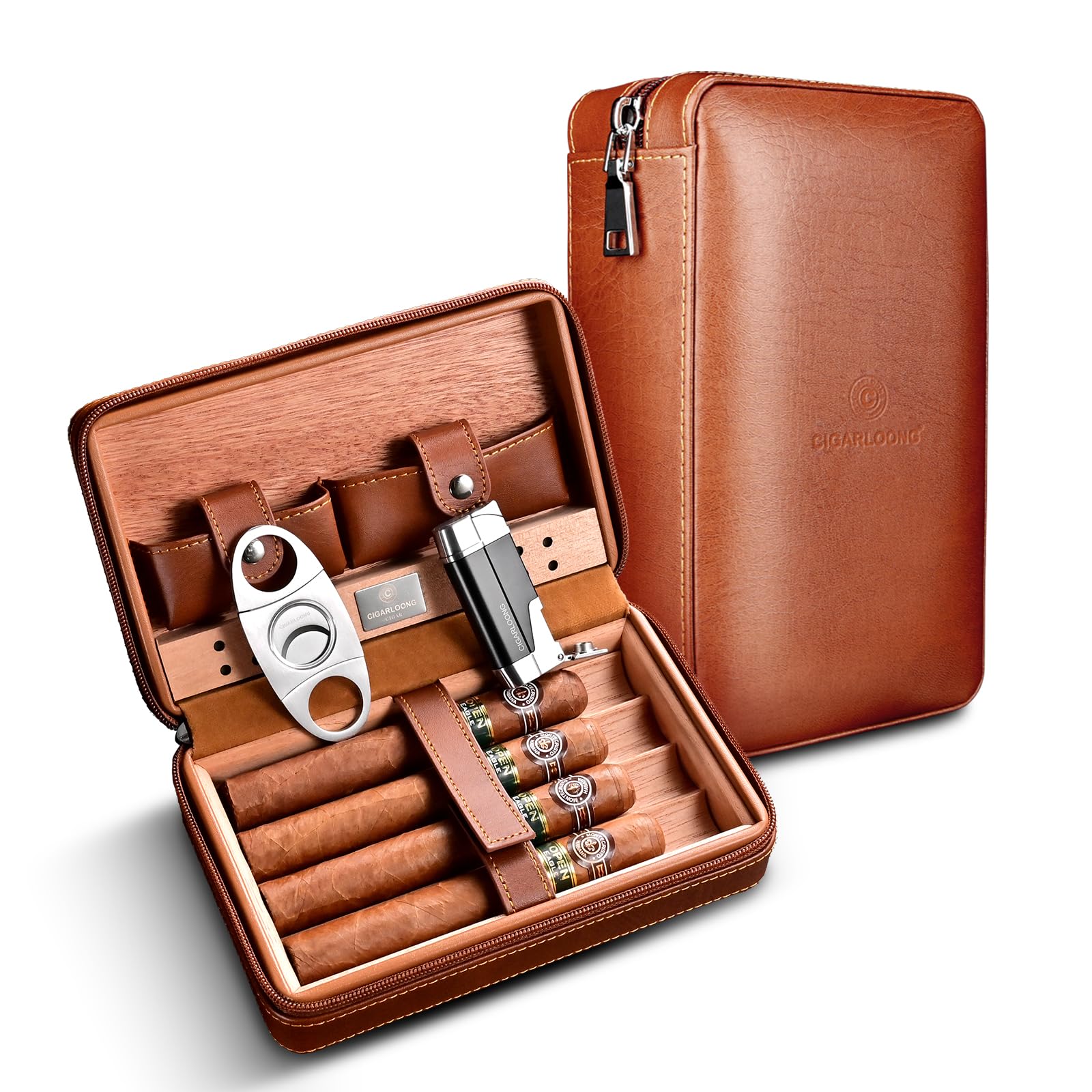 CIGARLOONG Cigar Travel Case Brown Leather Cedar Wood Lined 4 Cigar Humidor,Included Cigar Cutter and Lighter