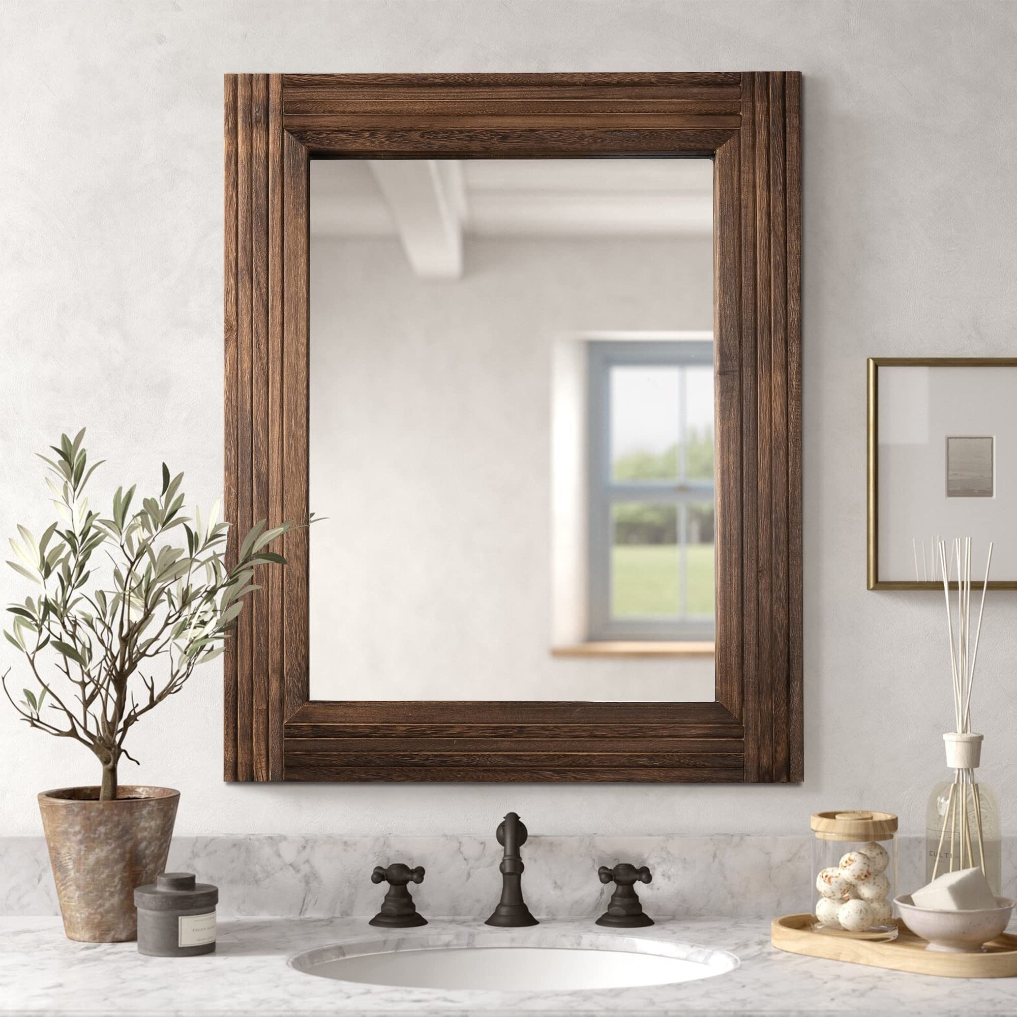 Photo 1 of YOSHOOT Hand-Made Wooden Spliced Wall Mirror for Bathroom, Rustic Farmhouse Vanity Mirror, Décor Wall Art, Solid Wood Frame, Vertical or Horizontal Hanging