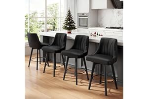 REONEY Counter Height Swivel Bar Stool, 24" Upholstered PU Leather Barstools Set of 4, Counter Stool Chair with Back & Solid Wood Legs for Kitchen Island Dining Room (Black)