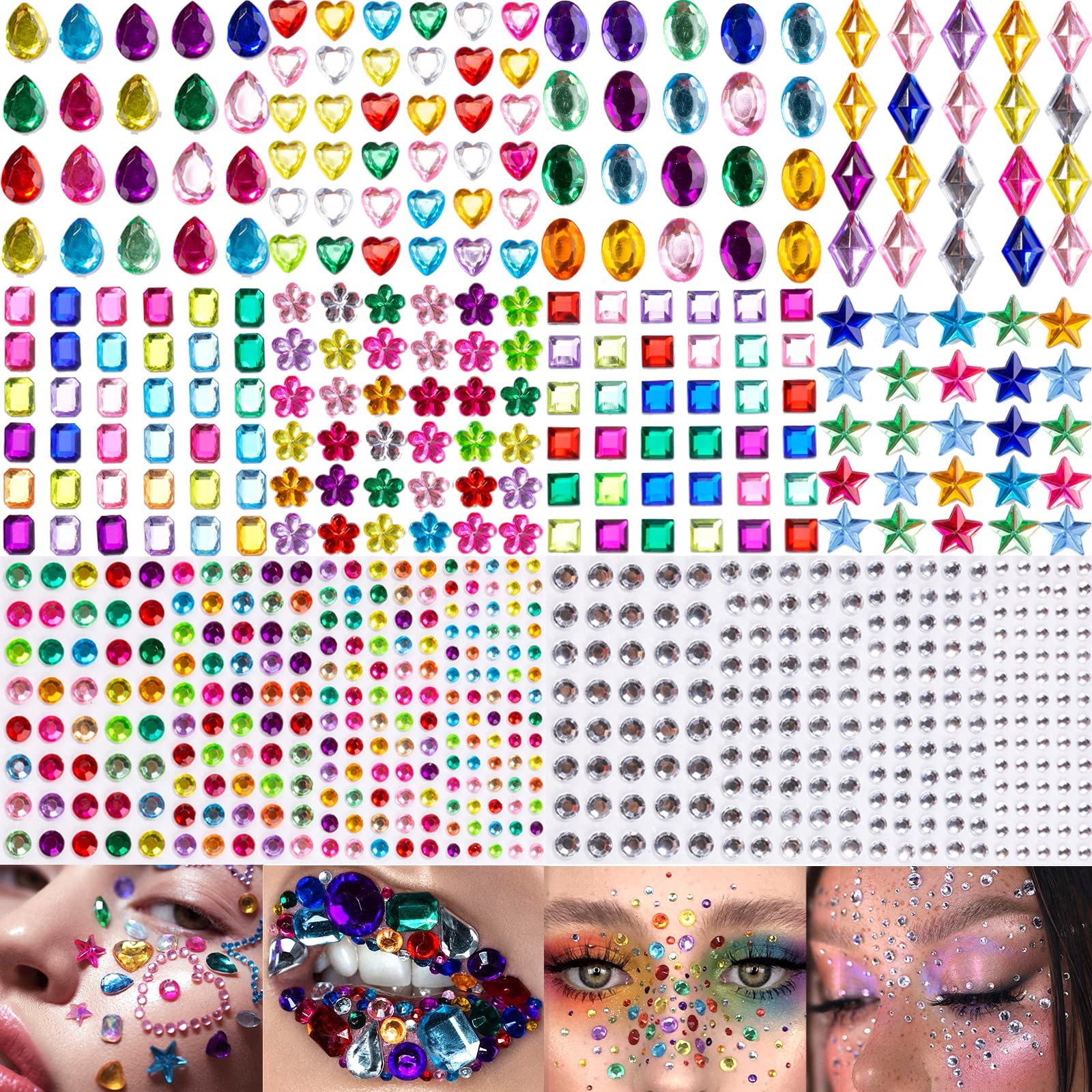 Photo 1 of 10 Sheets Face Gems Jewels for Makeup Self Adhesive Assorted Shapes Rhinestones for Christmas Crafts, Eye Body Gems Nail Art Festival Party Rave Accessories for Women