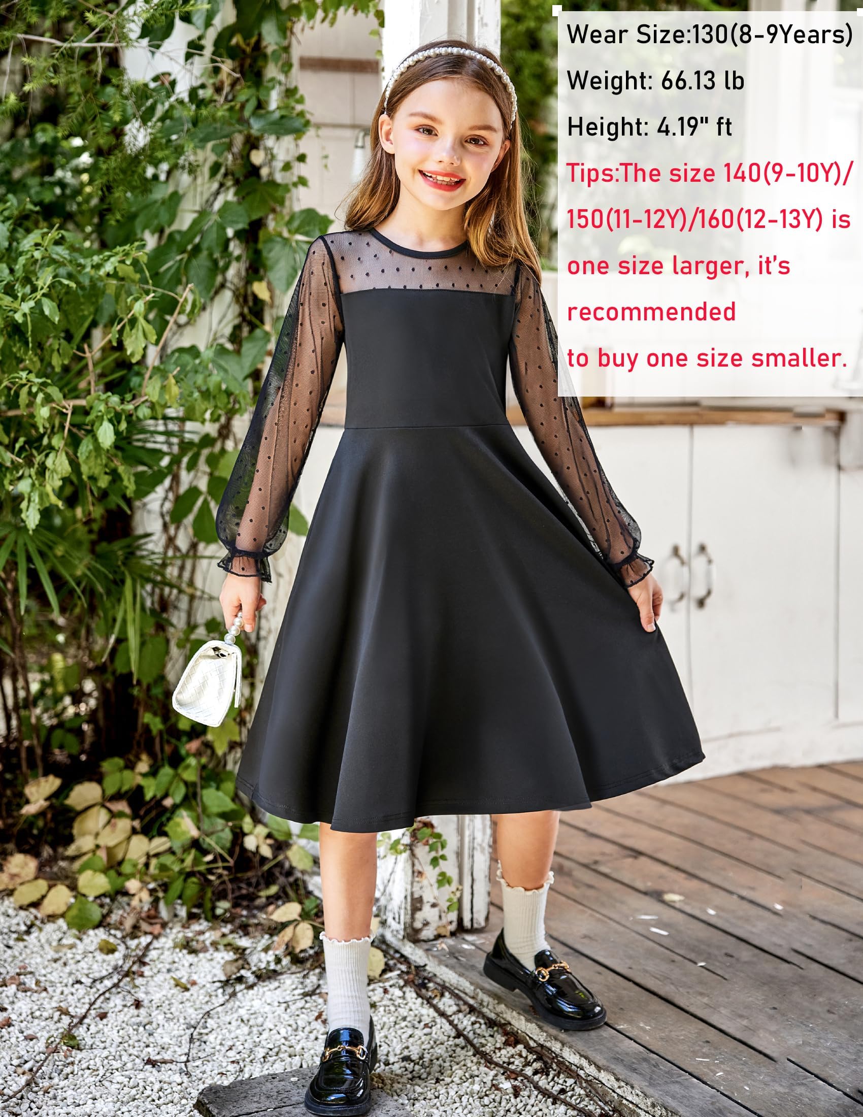 Arshiner Girl's Contrast Mesh Puff Long Sleeve High Waist A Line Short Dress with Pockets for 6-13 Years