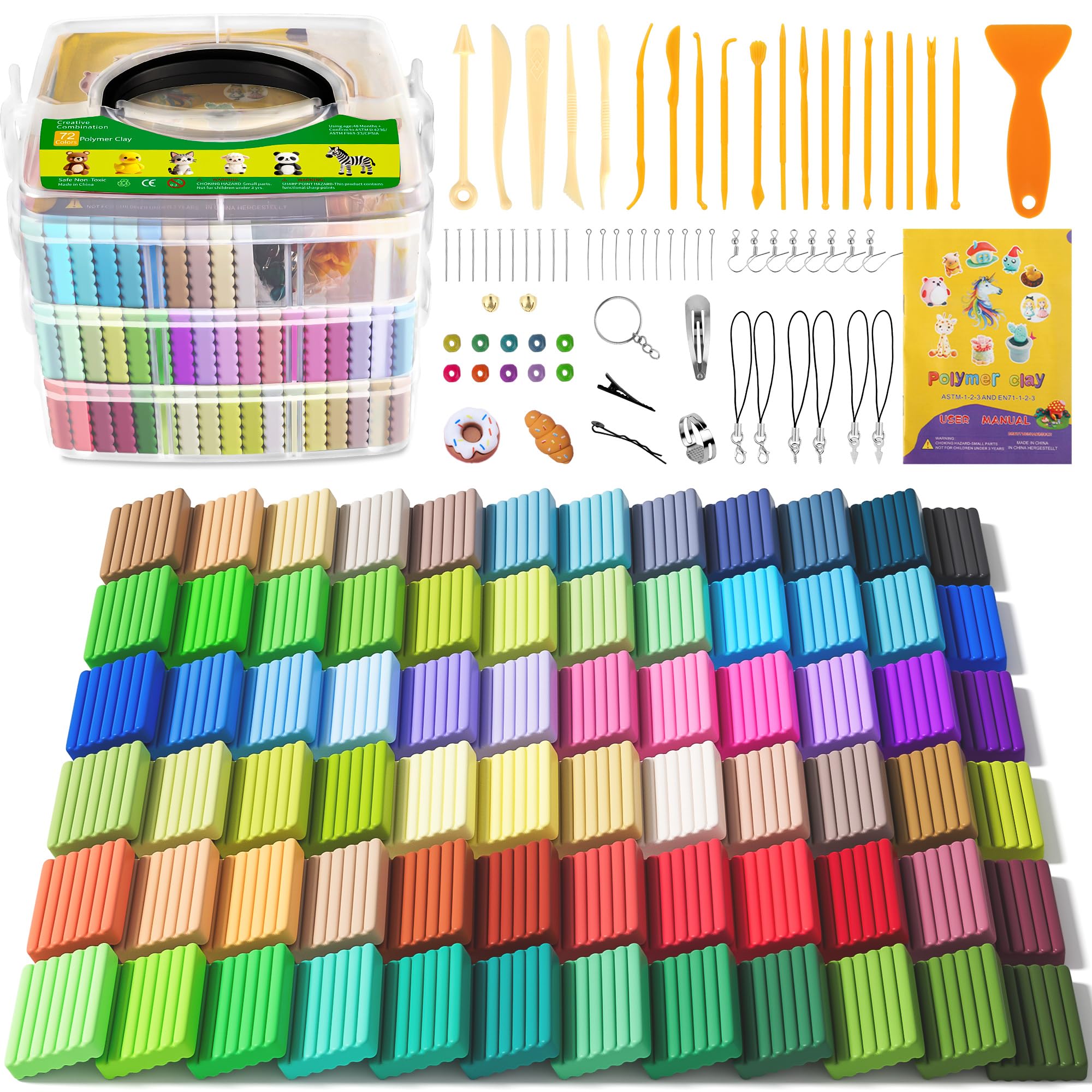 Polymer Clay 72 Colors, Modeling Clay for Kids, Non-Sticky Oven Bake Clay with Sculpting Tools and Accessories, Halloween Christmas Gift for Children and Artists Image