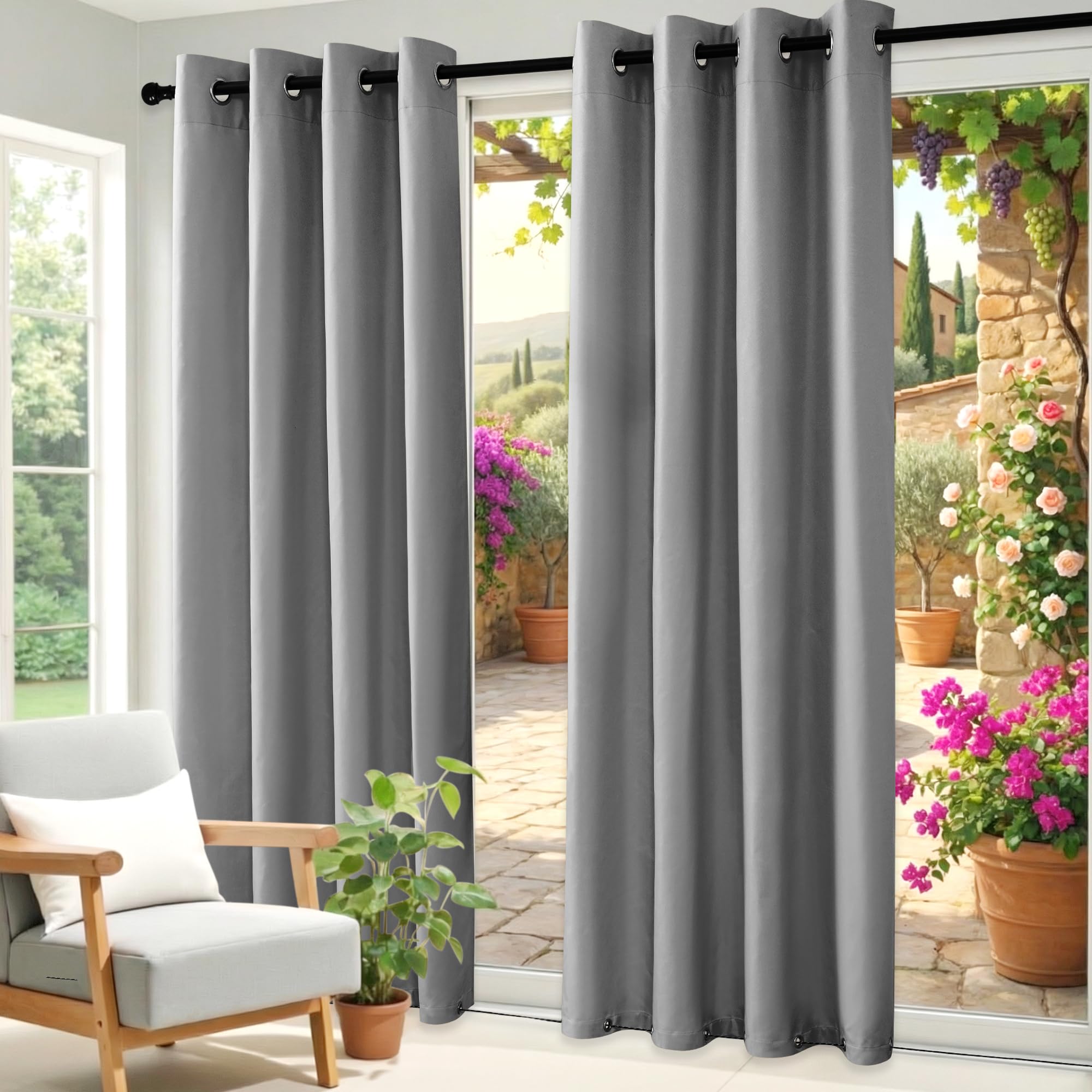 Outdoor Curtains W 132 x H 245 cm with Eyelets Top ID 4 cm + Bottom ID 1.6 cm Windproof Waterproof Privacy Screen Sun Protection UV Protection Grey
