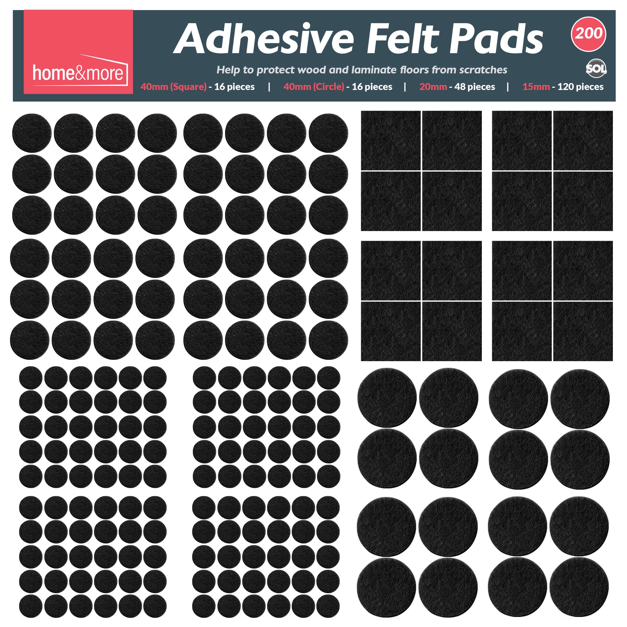 SOL 200pk Felt Pads for Furniture Feet, Furniture Pads Floor Protectors Chair Leg Floor Protectors, Felt Pads for Furniture Feet Dining Chair Leg Self Adhesive Non Scratch Hardwood Laminate Tile