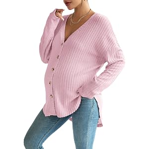 Women's Maternity Tops Long Sleeve Ribbed Knit Button Down Shirts Fall Clothes