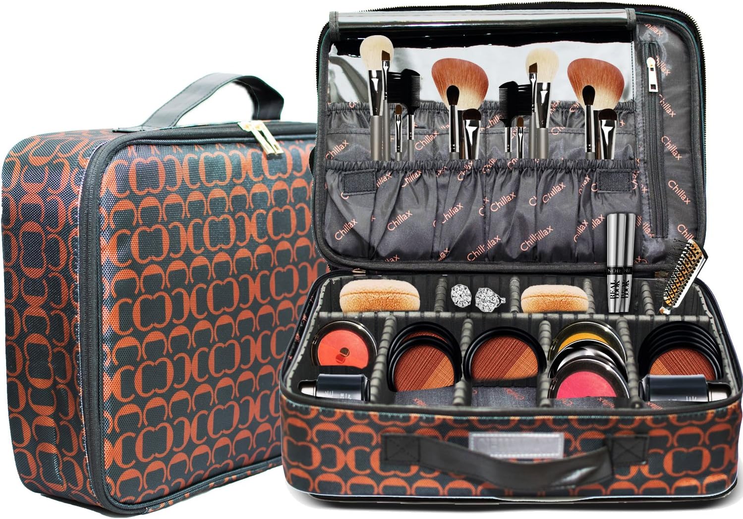 Makeup Bag with Brush Holder Large Compartments Professional Train Case By Chillax -2018 New and Improved Version Perfect Storage Organizers kit for lipstick, Mascara, Eye Shadow