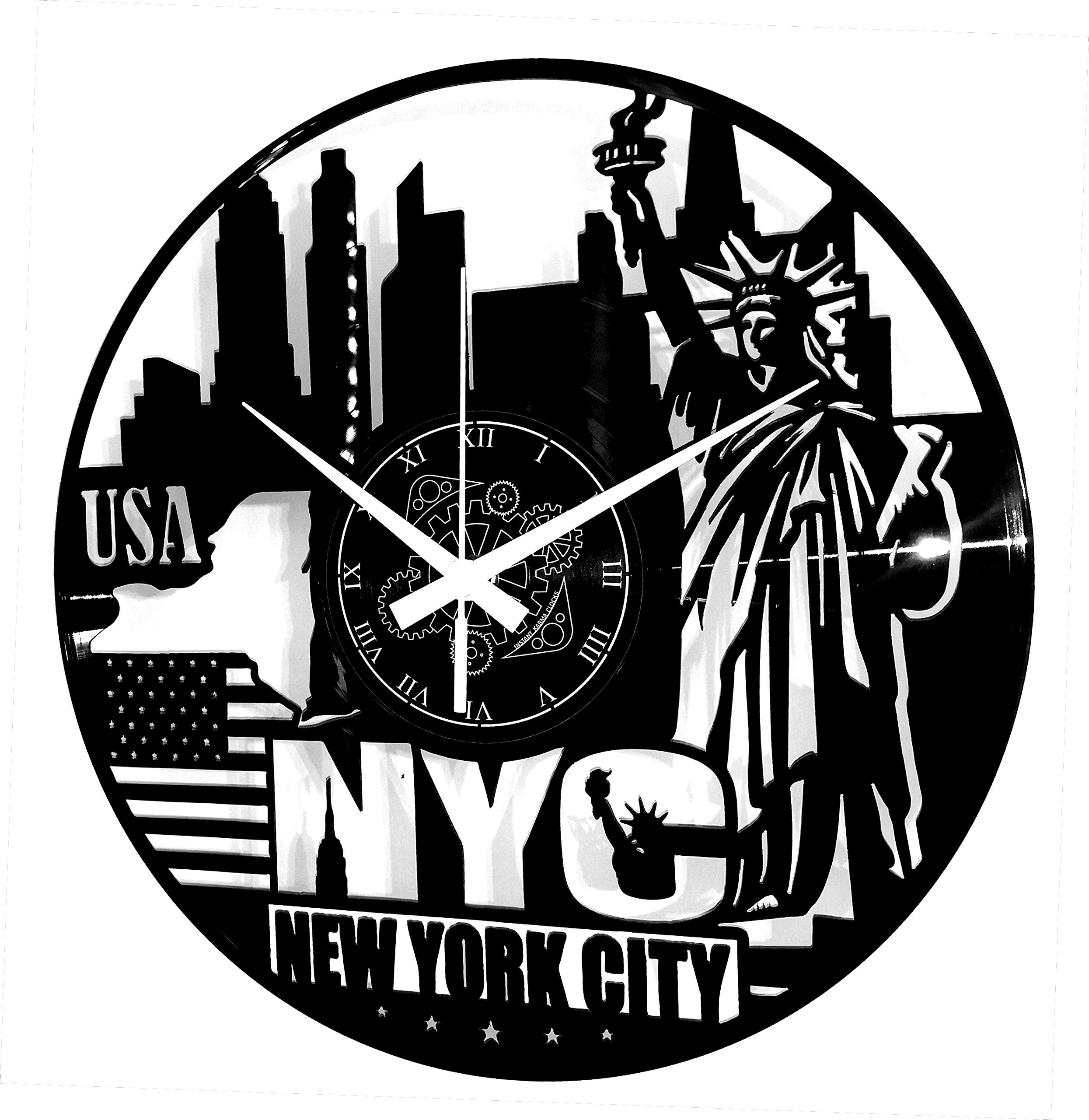 Instant Karma Clocks | New York City Wall Clock | Statue of Liberty and Skyline Design | Silent Quartz Movement | Perfect for Travel Lovers, Urban Spaces and American Decor